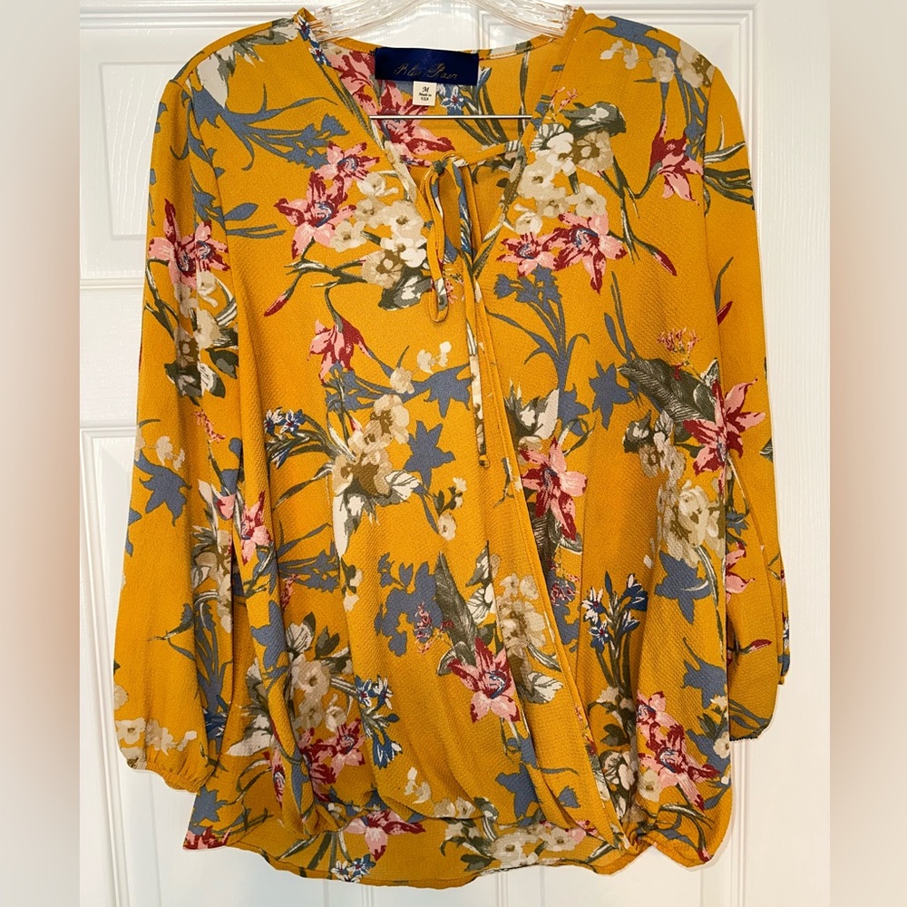 Blue Rain Floral Wrap Blouse size Medium